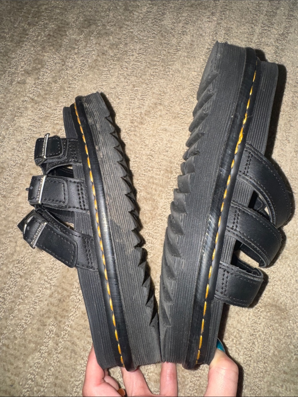 Dr. Martens Black Leather Triple-Buckle Platform Slides with Yellow Stitching - Picture 6 of 6